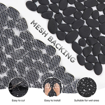 Diflart Pebble Tile for Shower Floor, Black Oval, 5 Sheets, Pebble Mosiac Backsplash for Kitchen Bathroom Wall and Floor Tile
