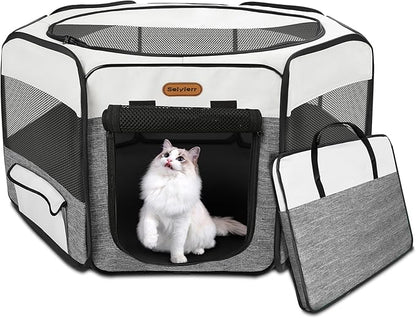 Seiyierr Dog Playpen, Portable Pet Playpen, Puppy Playpen, Cat Playpen with Carrying Case, Dog Playpen for Small Dogs Indoor/ Outdoor, Removable Mesh Shade Cover