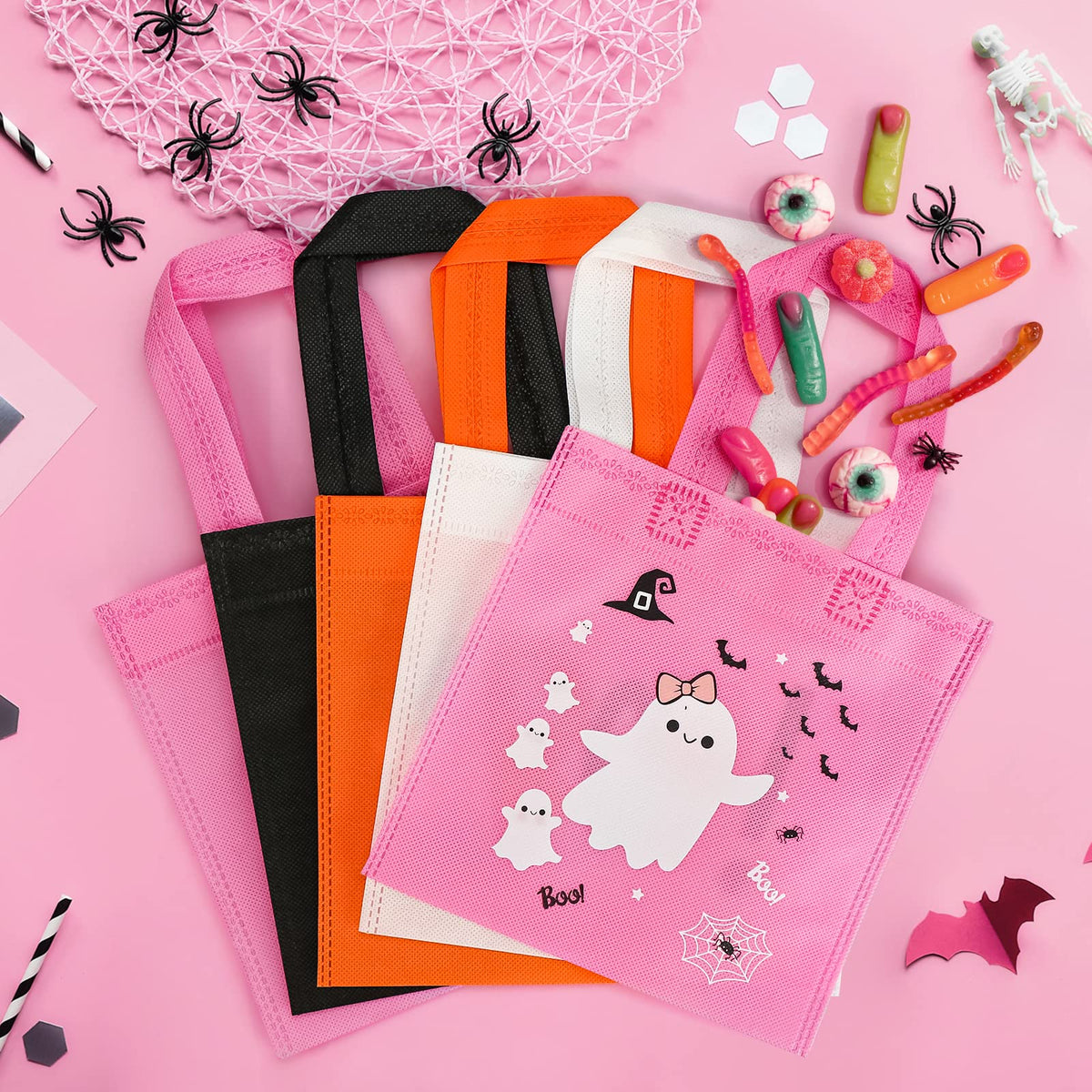 20pcs Pink Girl Halloween Treats Bags - Cute Ghost Witch Cauldron NonWoven Candy Bag Gift Tote for Little Boo Baby Shower Party Supplies