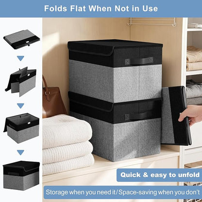 Large 17" 42 Quarts Collapsible Stackable Storage Bins with Lids [3-Pack] Foldable Fabric Linen Storage Boxes Cube, Closet Organizer Baskets with Label for Home (16.7 x 12 x 12", Black & Gray)