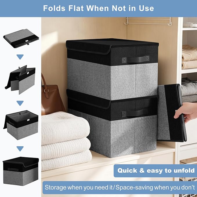 Bagnizer Large 22 Quart Linen Fabric Foldable Storage Bin Cube Organizer Basket with Flip-Top Lid & Handles, Clothes Blanket Box for Home, Office, Closet, Black & Gray, 4 Pack 14.6 x 9.5 x 9.5