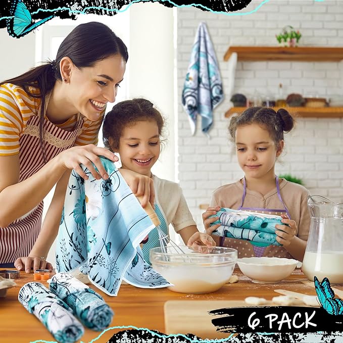 Breling Set of 6 Teal Daisy Kitchen Towel Vintage Themed Dish Towel Turquoise
