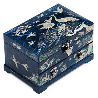 MADDesign Mother of Pearl Lacquered Jewelry Box Two Level Cranes Blue