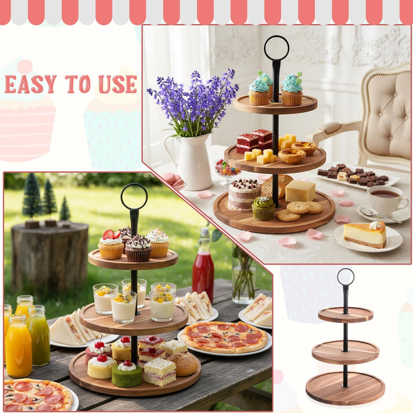 3 Tier Cupcake Stand, Round Wooden Cupcake Display Stand with Metal Handle, Wood Tiered Serving Tray Cupcakes Tower, Rustic Dessert Table Display Holder, for Wedding Tea Party Decor