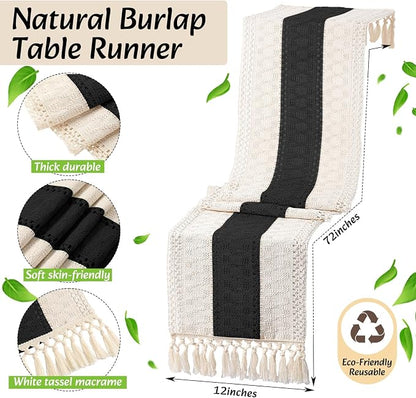 4 Sets Boho Decoration Placemats Round Woven Placemats, Cloth Napkins, Wood Bead Napkin Rings, Long Table Runner and Farmhouse Burlap Cotton for Table Kitchen (Black,12x72)