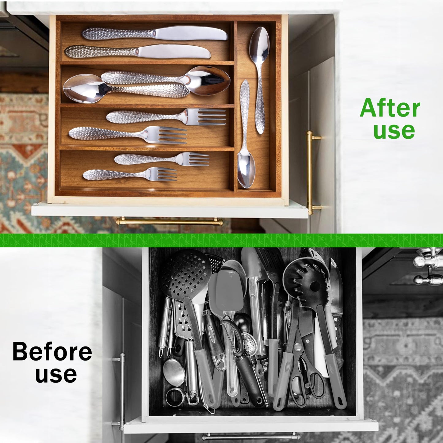 Greenual Acacia Wood Silverware Organizer 10 In Utensil Organizer Silverware Tray for Drawer Cutlery Flatware Organizer for Kitchen