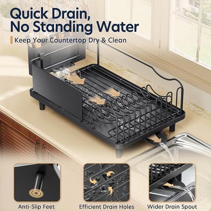 Stainless Steel Dish Drying Rack - Large Capacity Dish Rack for Kitchen Counter with Drain Board, Rustproof Dish Drainer with Drain Spout, Utensil Holder & Glass Holder, Dinnerware Organizer, Black