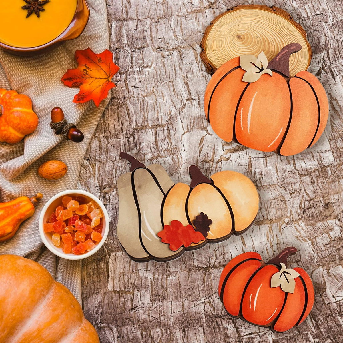 3PCS Wooden Pumpkin Fall Decor- Double Side Fall Pumpkin Decorations for Home Thanksgiving Table Centerpieces for Home, Office, Mantel and Shelf Autumn Decorations (D3)