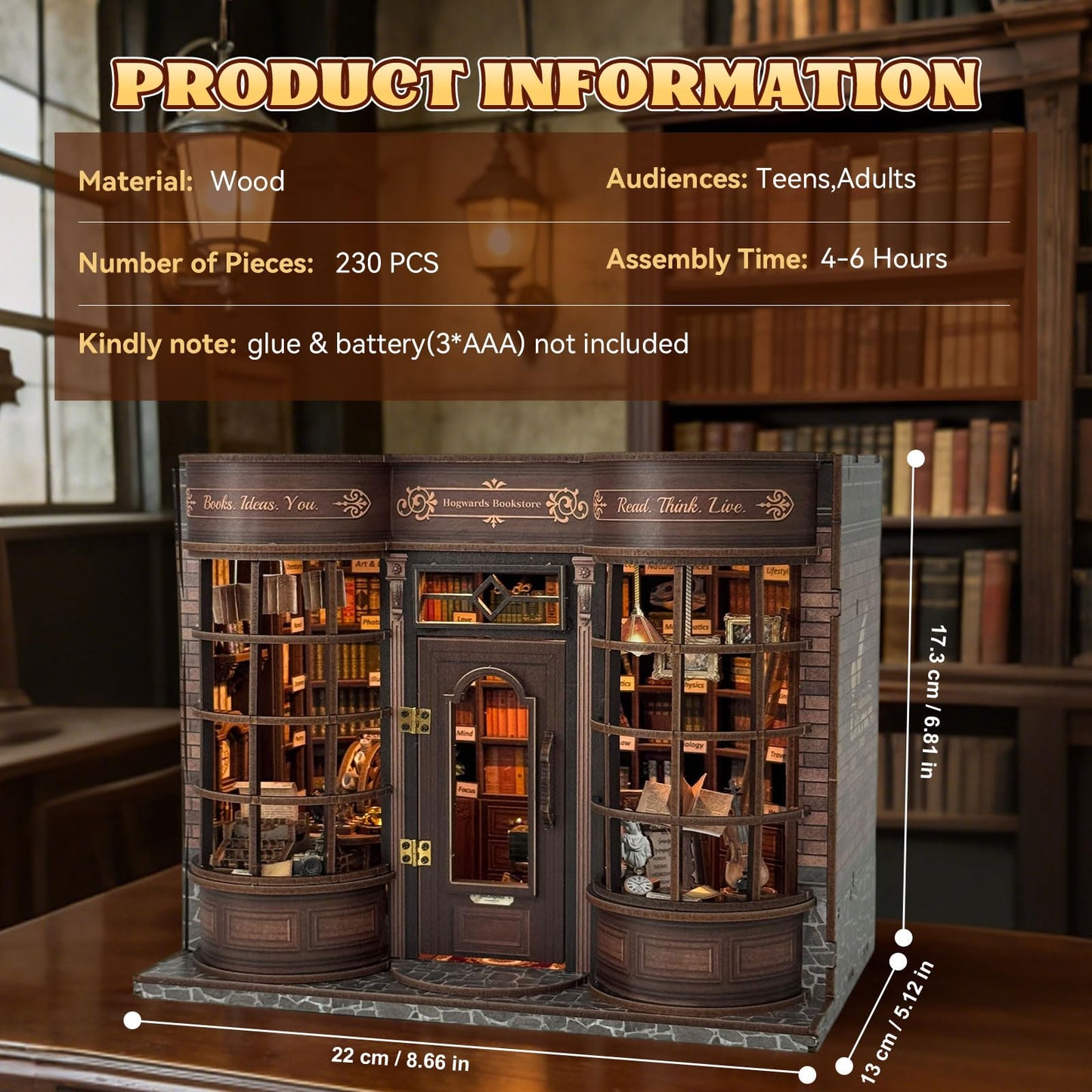 Hoggor Bookstore Book Nook Kit with LED Light, DIY Miniature House Kit, 3D Wooden Puzzle Bookshelf Decor Diorama Building Kit, Christmas Birthday Gifts for Family, Friends