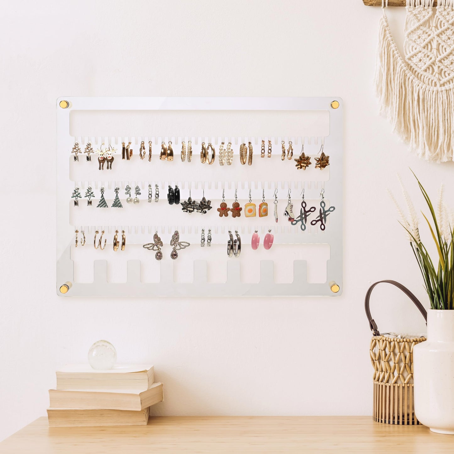 humberboat Earring Holder Organizer, 4 Layer Wall Mounted Ear Stud Display Storage, Acrylic Large Capacity Jewelry Organizer Earring Display and Storage for Studs, Dangling, Necklace