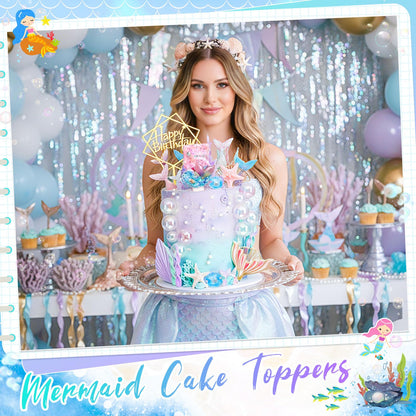 Acellegic 32 Pcs Mermaid Cake Toppers Under the Sea Cake Decor Sets Mermaid Tails Seaweeds Bubbles Shells Golden Ginkgo Leaves Birthday Card Candle for Birthday Wedding Party Supplies(Number 5)