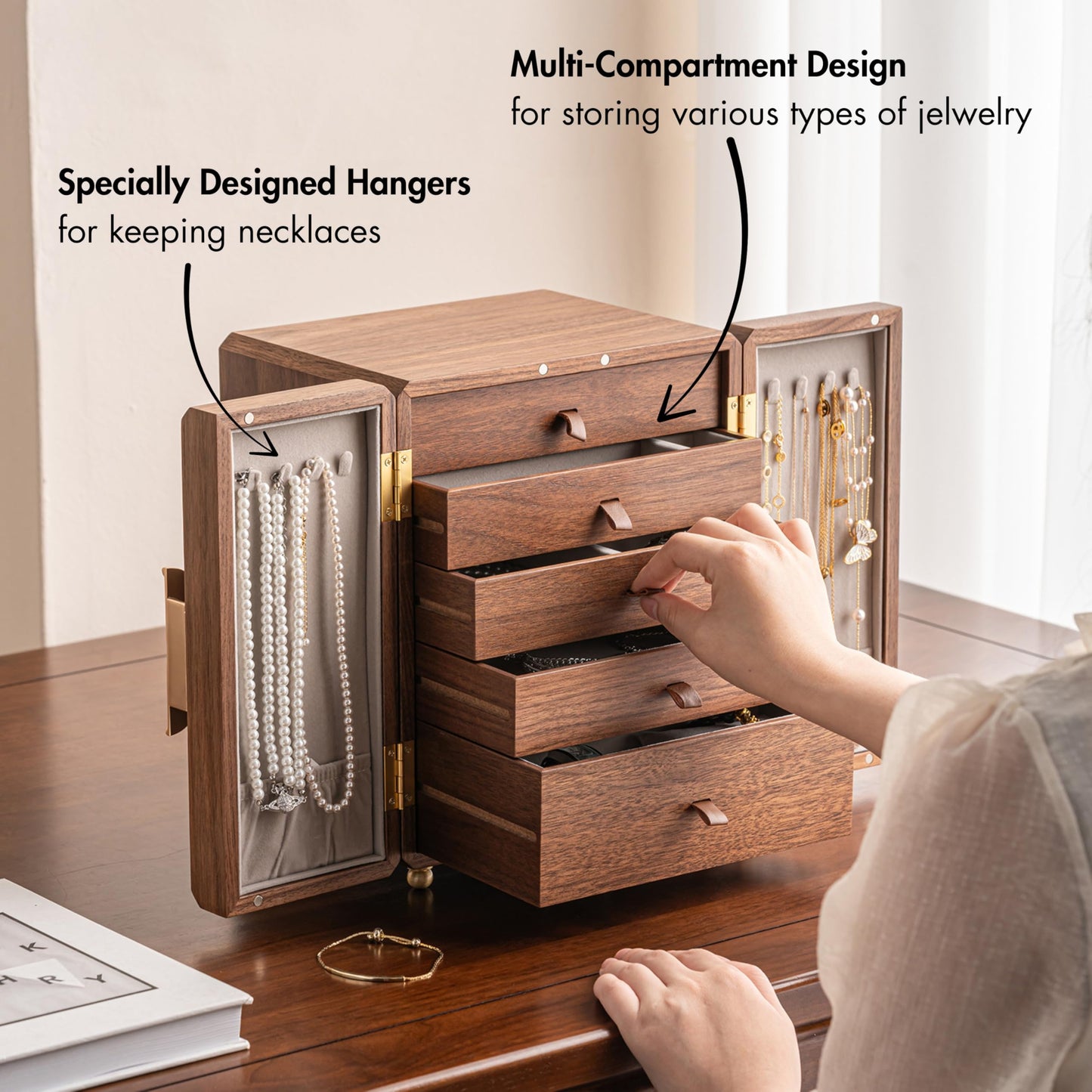 ZMARKRAFT® Black Walnut Wooden Jewelry Box, Decorative Multi-Layer Solid Wood Jewelry Case, Organizer for Rings, Necklaces, Earrings, Treasure Box Storage, Practical and Thoughtful Gift for Women