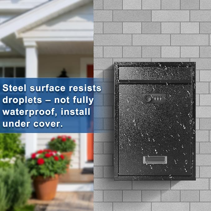 KYODOLED Locking Wall Mount Mailbox, Mail Boxes with Combination Lock for Outside, Security Cash Key Letter Drop Box with Code for House Office School,12.4H x 8.54L x 3.35W Inches, Black