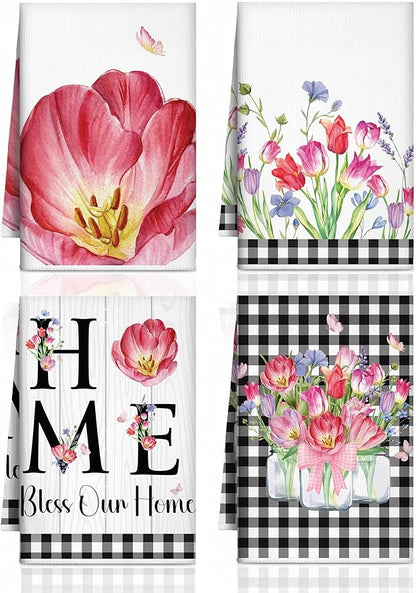 Bencailor 4 Pcs Spring Tulip Kitchen Towels Floral Flower Hand Dish Towels Pink