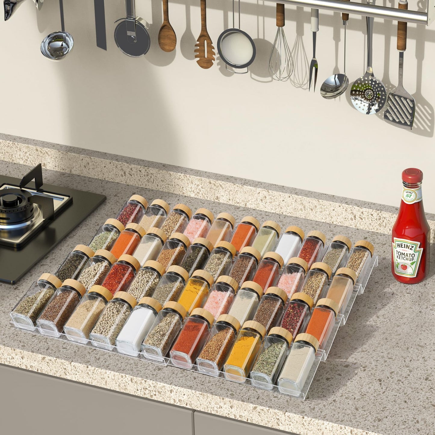 Spice Drawer Organizer 4 Tier, Acrylic Seasoning Organizer Rack, Clear Spice Rack Tray, Kitchen Seasoning Jars Drawers Insert (Jars Not Included/Expandable From 9" to 18")
