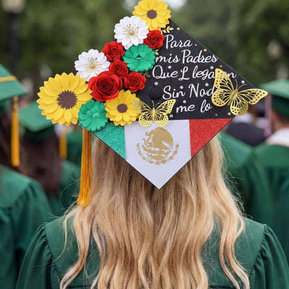 Gersoniel 44 Pcs DIY Graduation Cap Decorations Kit 2026 Mexican Graduation Stole Sash Flower Heads 3D Butterfly Stickers Glitter Rhinestones Pearl Stickers Alphabet Letter Number Grad Cap Topper Gift