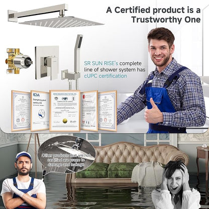 SR SUN RISE Shower Faucet Set & System - 12 Inch Rainfall Shower Head & Handle Set Wall Mounted Brushed Nickel Solid Brass Valve Trim Kit Included