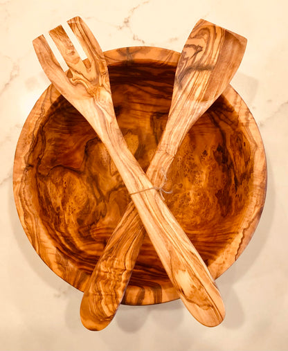 ORCHARD HARDWOODS 11" Artisan Olive Wood Salad Bowl / 14" Utensil Set