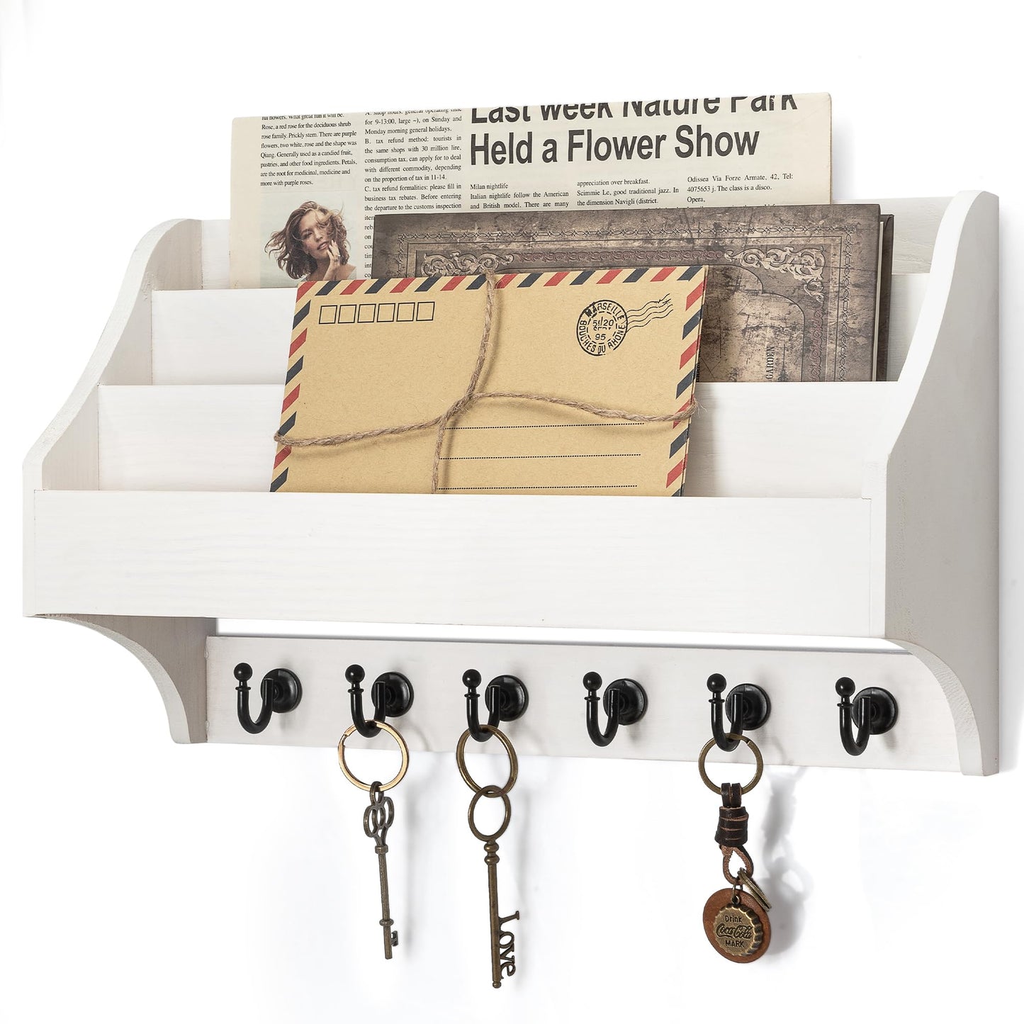 Rebee Vision Pine Wood Key Holder Wall Mount - Rustic Mail Holder for Wall with Key Hooks & 3-Tire Letter Slots - Multifunctional Key Holder on Wall for Entryway Storage (White)