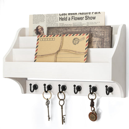 Rebee Vision Pine Wood Key Holder Wall Mount - Rustic Mail Holder for Wall with Key Hooks & 3-Tire Letter Slots - Multifunctional Key Holder on Wall for Entryway Storage (White)