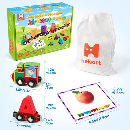 Helsort 27 PCS Magnetic Wooden Alphabet Train Set, ABC Learning Toy with 42 Flash Cards, 1 Engine and Storage Bag, Educational Letter Toy Trains for Toddlers, Boys Girls, Ideal Gift for 3-7 Year Olds