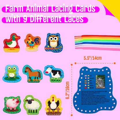 SpriteGru 9 PCS Kids Lacing Cards, 9 Double Sided Farm Animals Sewing Cards with 9 Colorful Laces, Educational & Learning Toys for Preschoolers, Kids Ages 3+