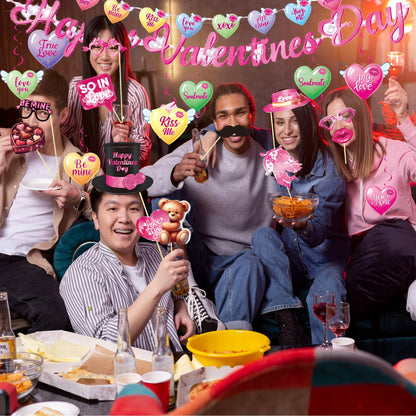 56 Pcs Valentines Party Decorations Kit, Happy Valentine’s Day Banners Hanging Swirls and 30 Pcs DIY Selfie Photo Props Party Supplies, for Wedding Party Home Office Ornaments