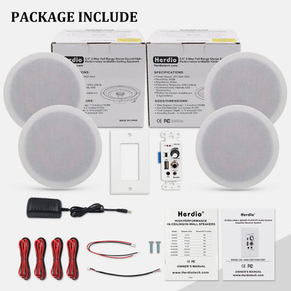 Herdio 6.5'' Bluetooth in Wall in Ceiling Speakers 600W 2-Way Flush Mount Speakers System with Wall Amplifier Receiver for Home Theater Office (2Pairs, Paintable-Grille)