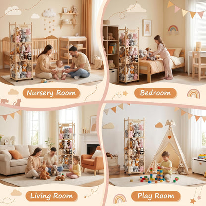 Stuffed Animal Storage Organizer Zoo Tower, Large Wooden Plush Toy Organizer & Holder with Elastic Cords & Brake, Plushies Storage for Playroom Bedroom Nursery, Natural Solid Wood, Easy Assembly