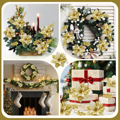 trytuny 50pcs Glitter Poinsettia Christmas Ornaments, Artificial Flowers with Clips Stems for DIY Wreath Making, Holiday Home Party Decorations, Indoor Use (Gold)