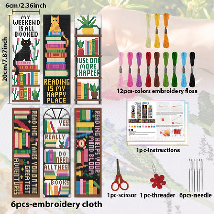 ACRNIGHEET 6PCS Cross Stitch Bookmark Kits Bookshelves Words Pattern Counted Cross Stitch Kits for Beginners Adults DIY Stamped Embroidery Bookmarks with Instructions Hand Embroidery Craft Gift
