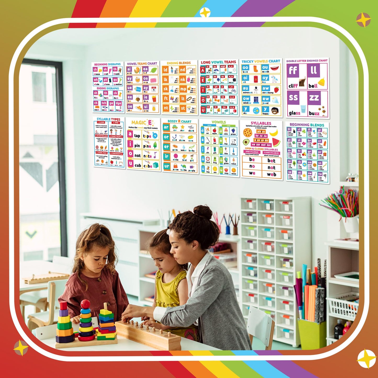 Sproutbrite 12 Pack (12"x16") Educational Poster Bundle for Toddlers Phonics Vowels Poster Language Arts Charts for Preschool, Homeschool Motivation - Inspired Learning Charts that Helps Toddlers Understand Vowel Sounds and Syllable Patterns Easily