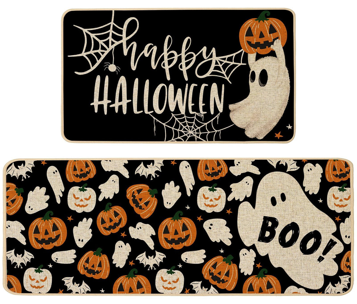 Baccessor Happy Halloween Kitchen Rugs Set of 2, Ghost Pumpkin Kitchen Mats for Floor Hallway Laundry Sink Low-Profile Halloween Holiday Home Decor 17x29 and 17x47 Inch