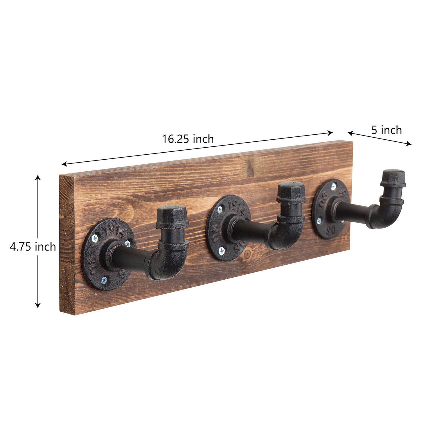 MyGift Burnt Wood Wall Mount Coat Hook Rack and Hat Rack with 3 Hooks Pipe Fixture Design