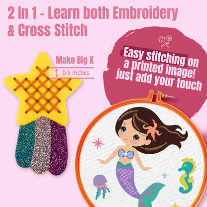 CRAFTILOO 2 in1 Cross Stitch & Embroidery Kit for Kids Ages 6+ Make 8 Projects Backpack Charms, Keyring, Doll, Wall Art, Unicorn Pillow & Card Holder Beginner Needlepoint & Creative Gift Set