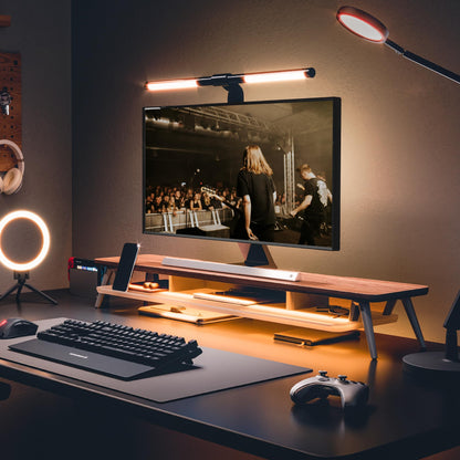 Fenge Dual Monitor Stand with 8-Mode LED Lights, 5.7" H Computer Monitor Riser with Acrylic Shelf & Aluminum Legs, Stable Desk Shelf Organizer for Computer Laptop Home Office & Gaming, Brown