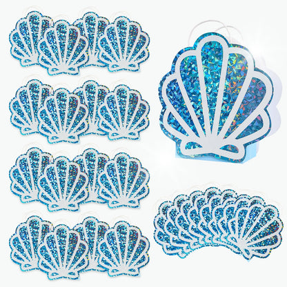 Sariiraw 16 Pack Mermaid Party Favor Bags with Handles, Holographic Seashell Goodie Bags for Under The Sea Theme Party Decorations, Mermaid Birthday, Baby Shower Supplies, 6"x3.1"x9.8"