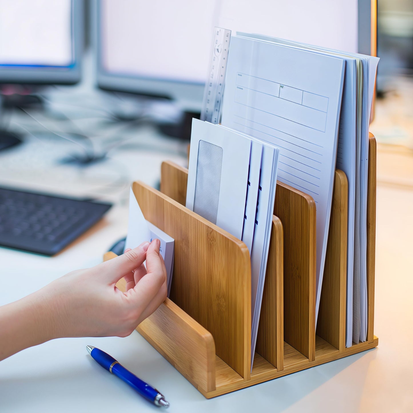 Klabelle Bamboo Mail Organizer - File Holder Sorter for Letter and Folder Document Storage, Envelope Organization with 5 Slots for Office Desk, Countertop, Home Bill
