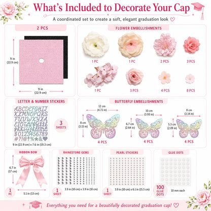 42PCS Graduation Cap Decorations Kit 2026, Pink DIY Grad Cap Topper Set with Glitter Topper Boards, 3D Butterflies, Letter Stickers, Pearls, Rhinestones, Flowers for Class of 2026