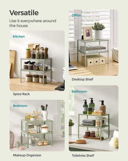 SONGMICS Spice Racks, Set of 2 Metal Cabinet Shelf Organizers, Countertop Organizers, Shelf Risers, Stackable, Expandable, Silver UKCS01SV