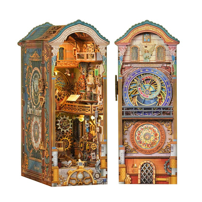 Tonecheer DIY Book Nook Kit for Adults, 3D Wooden Puzzle Bookend Miniature House Kit, Booknook Bookshelf Insert Decor with Dust Cover and LED Lights Gifts (Clock Tower)