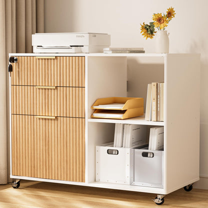 3 Drawer Fluted Mobile Filing Cabinet with Lock, Rolling File Cabinet Printer Stand Table, Under Desk Wooden Printer Stand for Home Office Essentials Storage Organization Furniture Letters/A4(OAK)