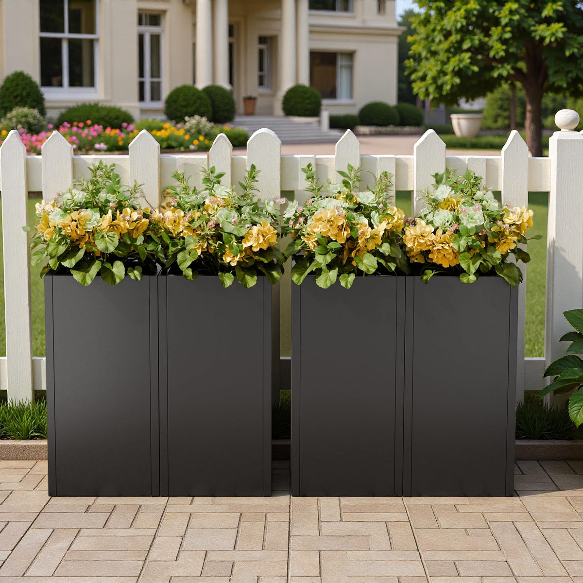 Diyfire Black Tall Metal Planters Box for Outdoor Plants 4 Pack- 23.6" H Steel Tall Square Planter with Removable Insert Shelf, Modern Heavy Duty Pedestal Planter Front Porch Decor Patio Garden