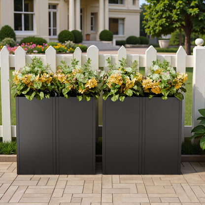 Diyfire Black Tall Metal Planters Box for Outdoor Plants 4 Pack- 23.6" H Steel Tall Square Planter with Removable Insert Shelf, Modern Heavy Duty Pedestal Planter Front Porch Decor Patio Garden