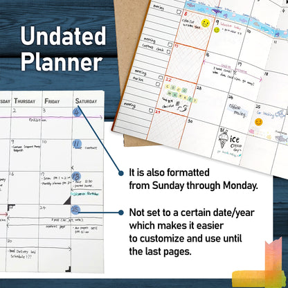 Undated Big Large Monthly Planner - Blank Calendar Book and Organizers 8.5 x 11 Inches - Kraft