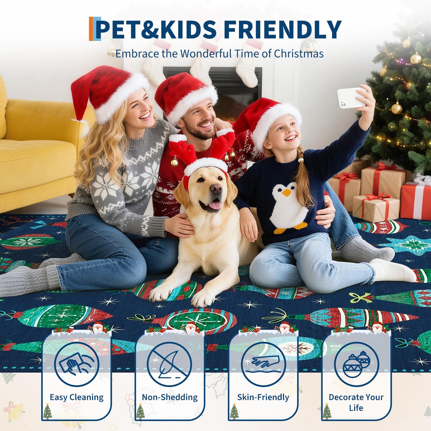 COZYLOOM Washable Christmas Rug 5x7 Holiday Decorative Floor Mats, Non-Slip Non-Shedding Christmas Carpet, Easy Cleaning Low Pile Indoor Rug for Living Room, Bedroom, Nursery, Blue