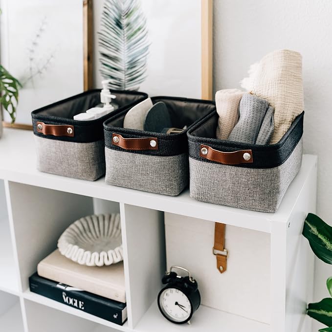 OrganiHaus 12x8in Canvas Storage Baskets 3 Pack | SMALL Fabric Bins for Shelves | Pantry & Bathroom Organizer | Gray/Black
