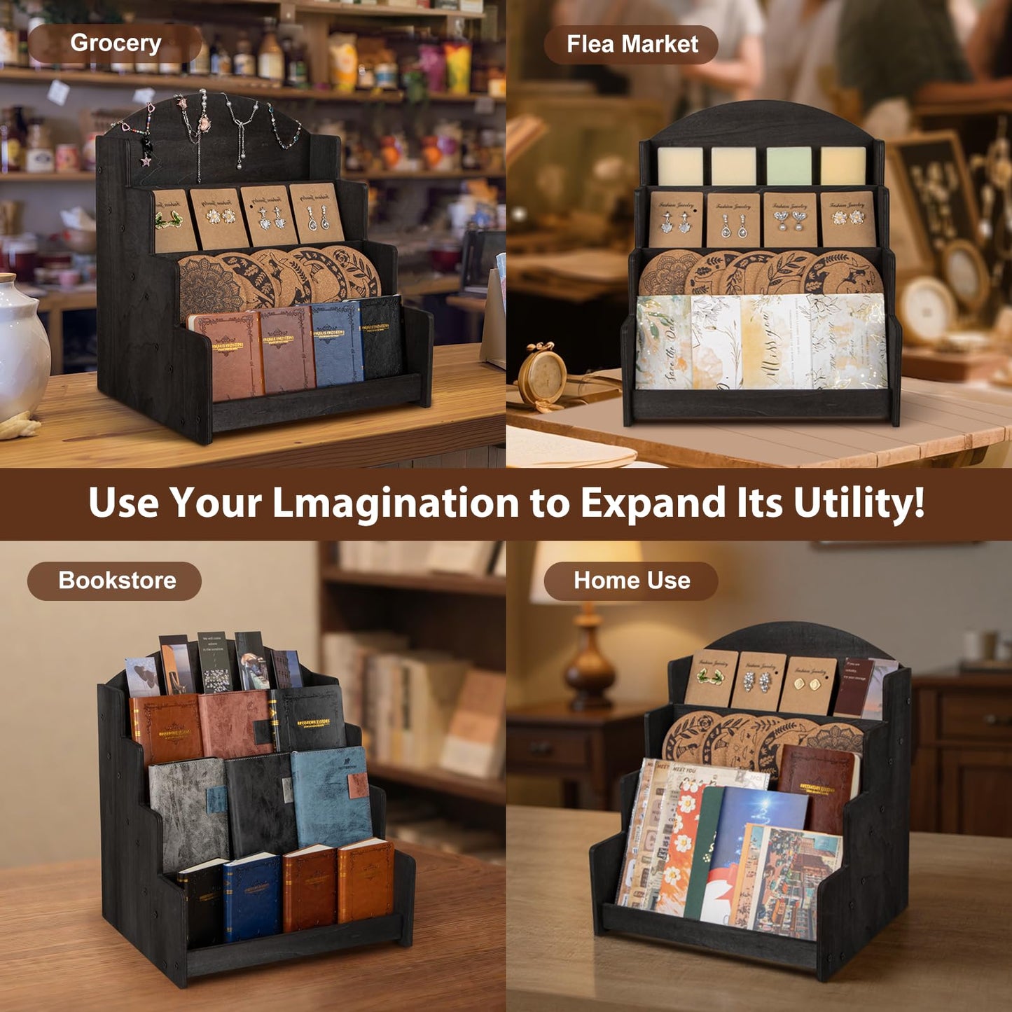 PUERSI Greeting Card Display Stand, Wooden 4-Tier Postcard Display Stand Holder for Sticker, Vendors, Retail Stores, Black