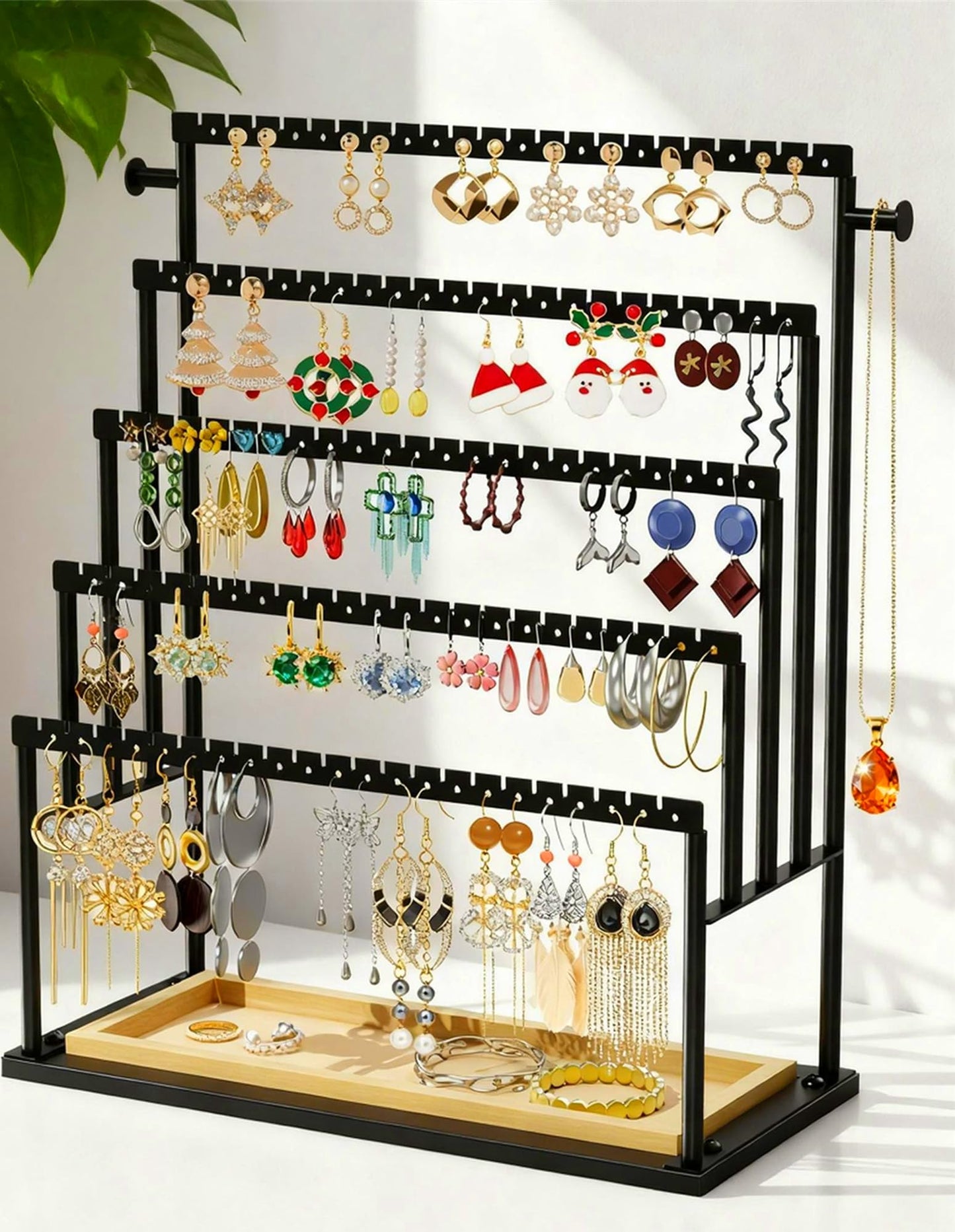 TIPSYTREE Earring Holder Organizer, 5-Tier Jewelry Display Stand with Matte Black Metal Frame and Wooden Tray, Large Earring Holder for Studs, Hoops, Dangles, Modern Jewelry Organizer for Women