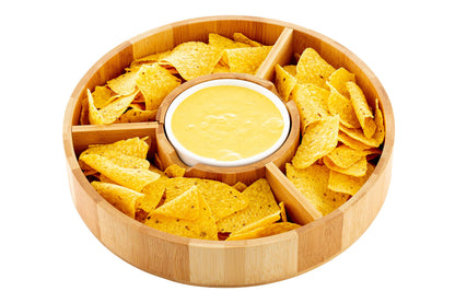 Strova Chip and Dip Serving Bowl – Wooden Appetizer Platter Set with Dip Cup for Salsa, Guacamole, Nacho, Vegetables, Taco Chip, Snacks and More – 12 Inch Diameter. Perfect for the BIG GAMES !